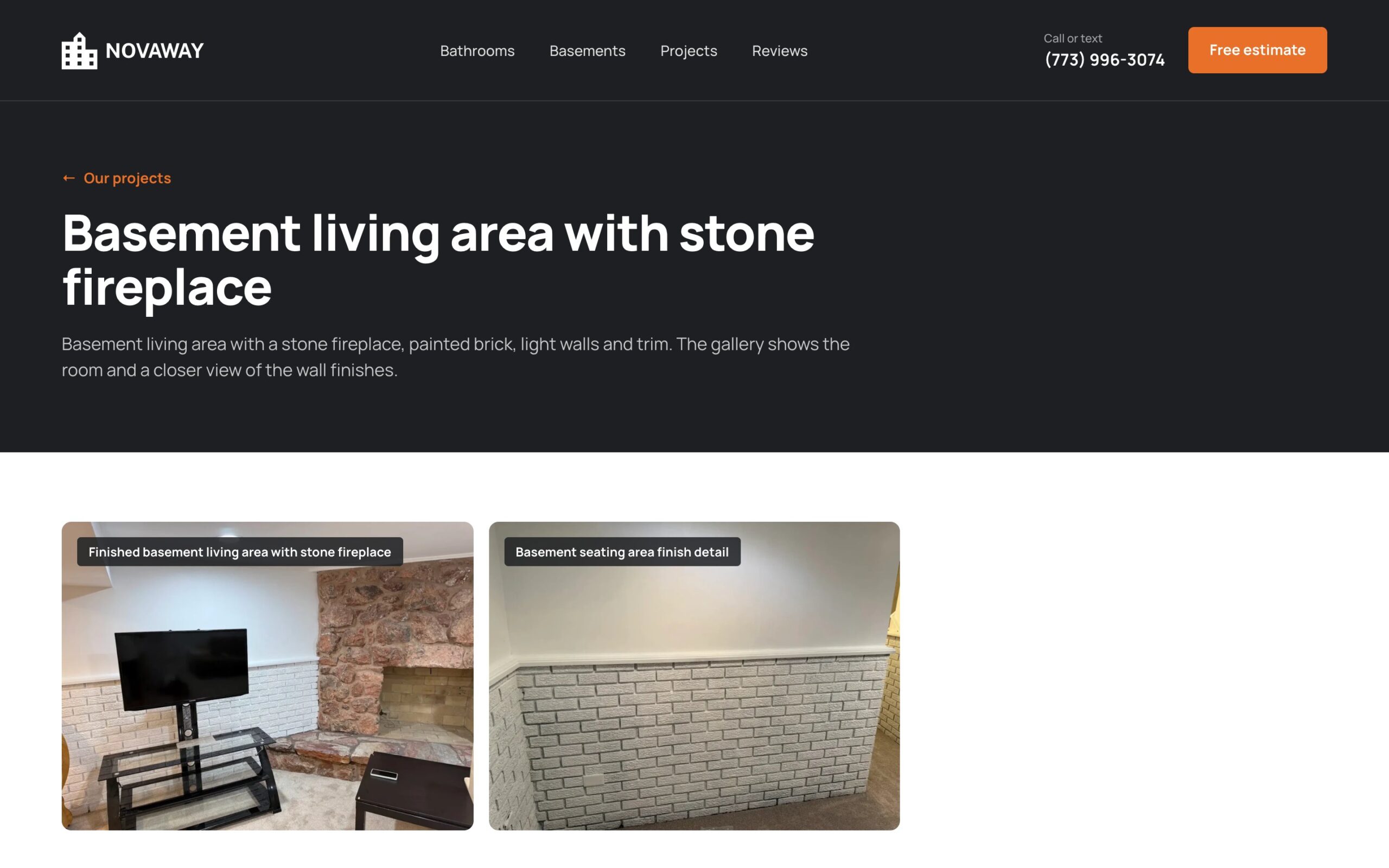 Сторінка проєкту «Basement living area with stone fireplace»