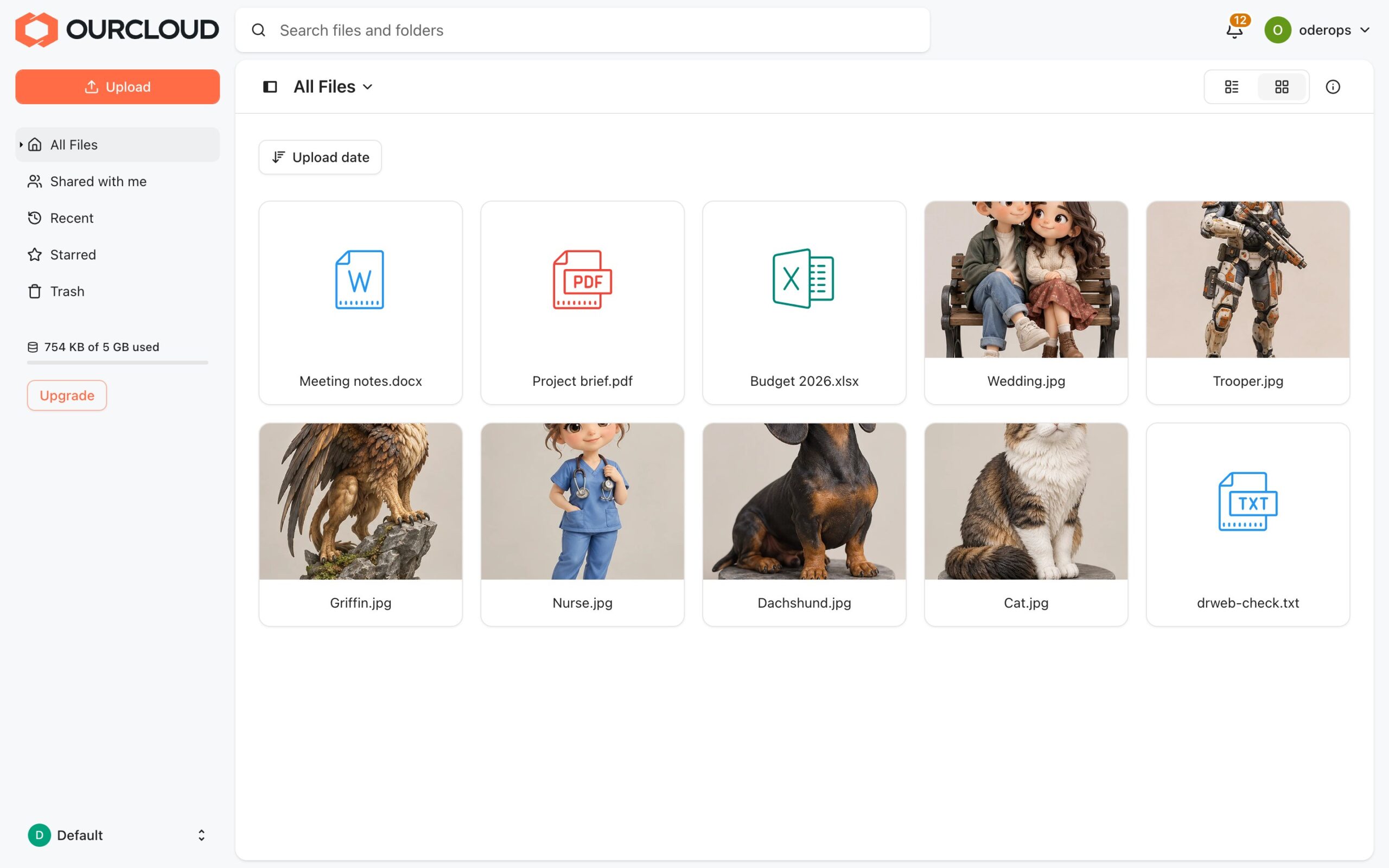 Головний екран app.ourcloud.az — файли користувача