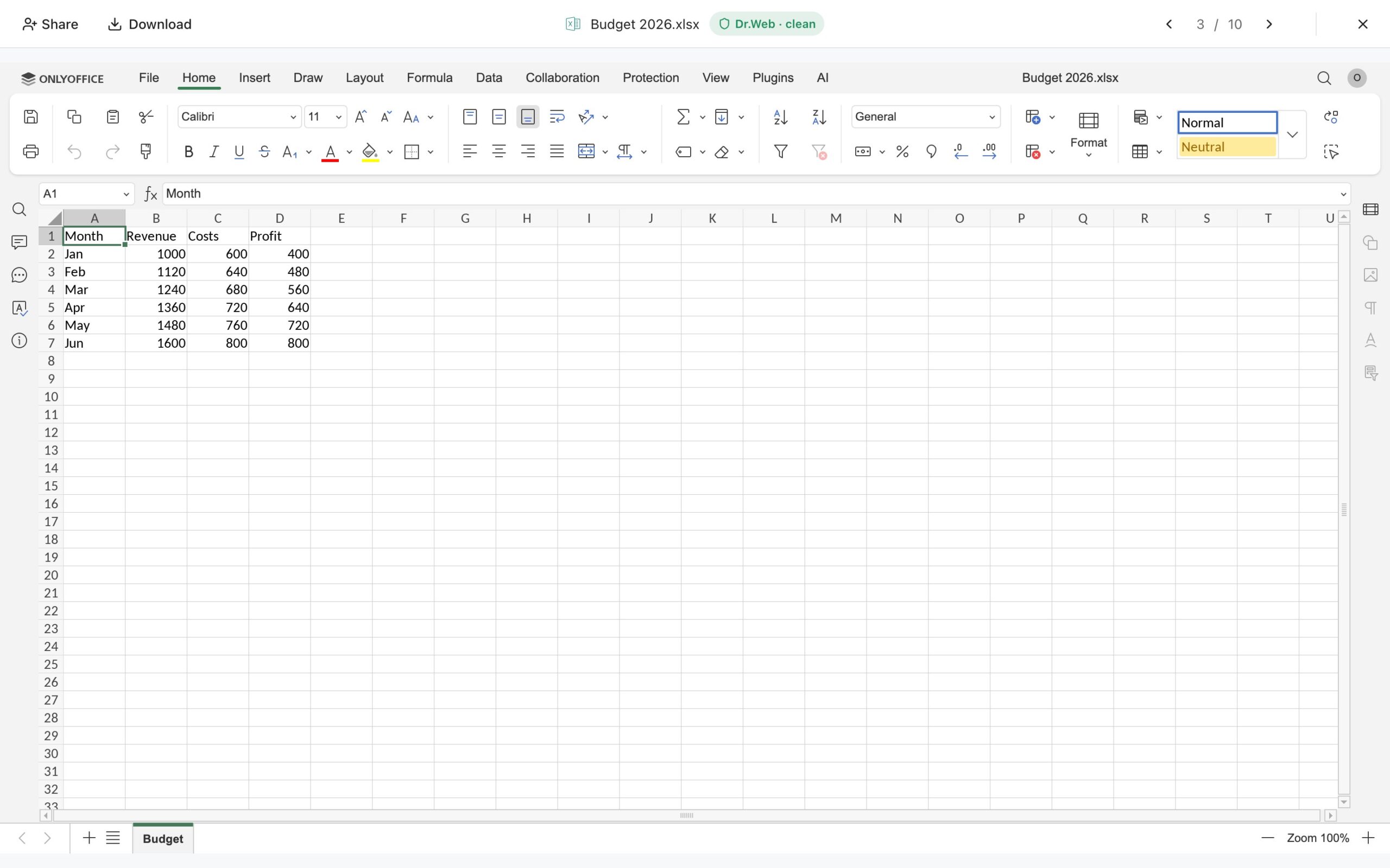 Таблиця Excel відкрита в OnlyOffice в OUR Cloud