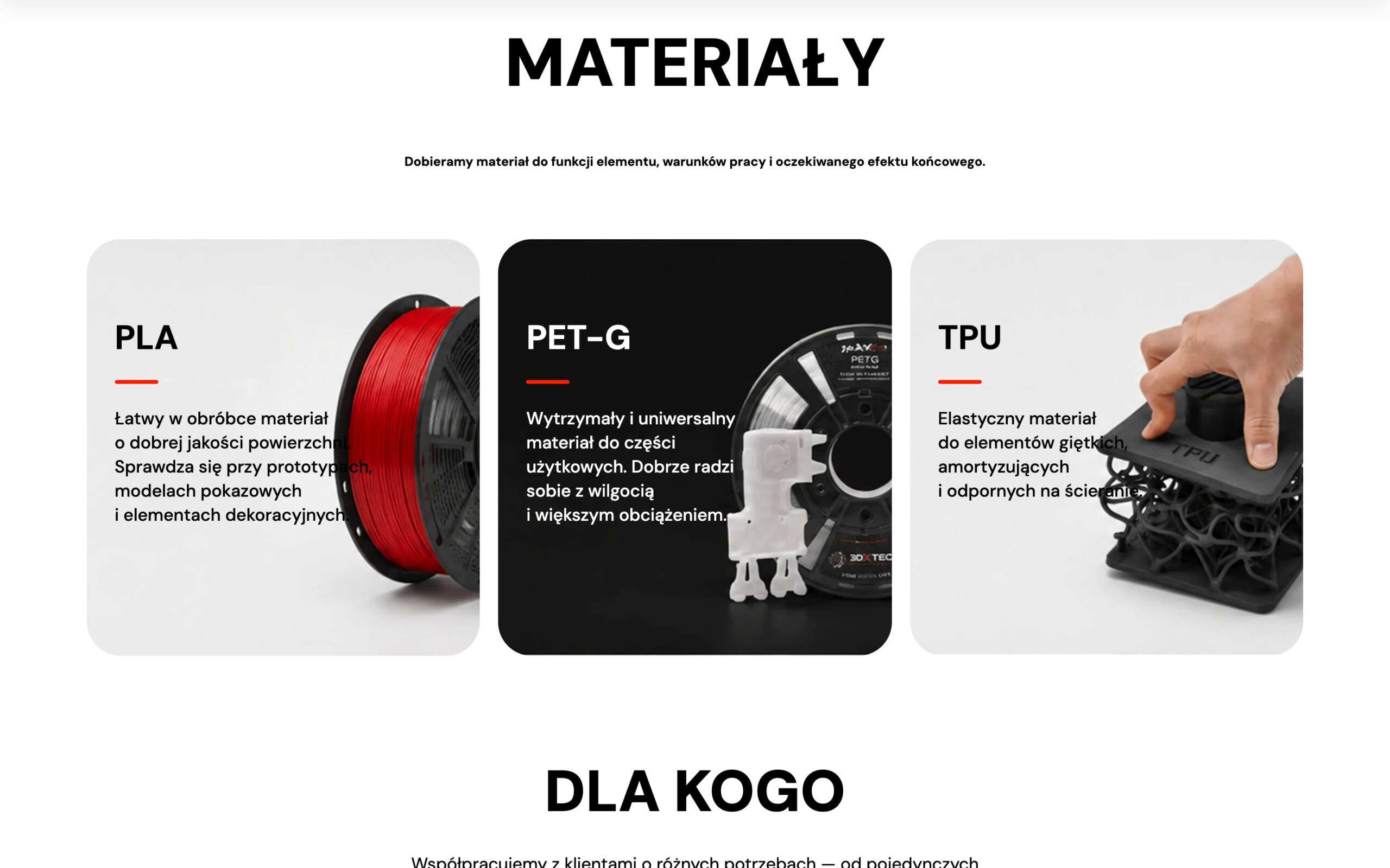 Materiały — PLA, PET-G, TPU