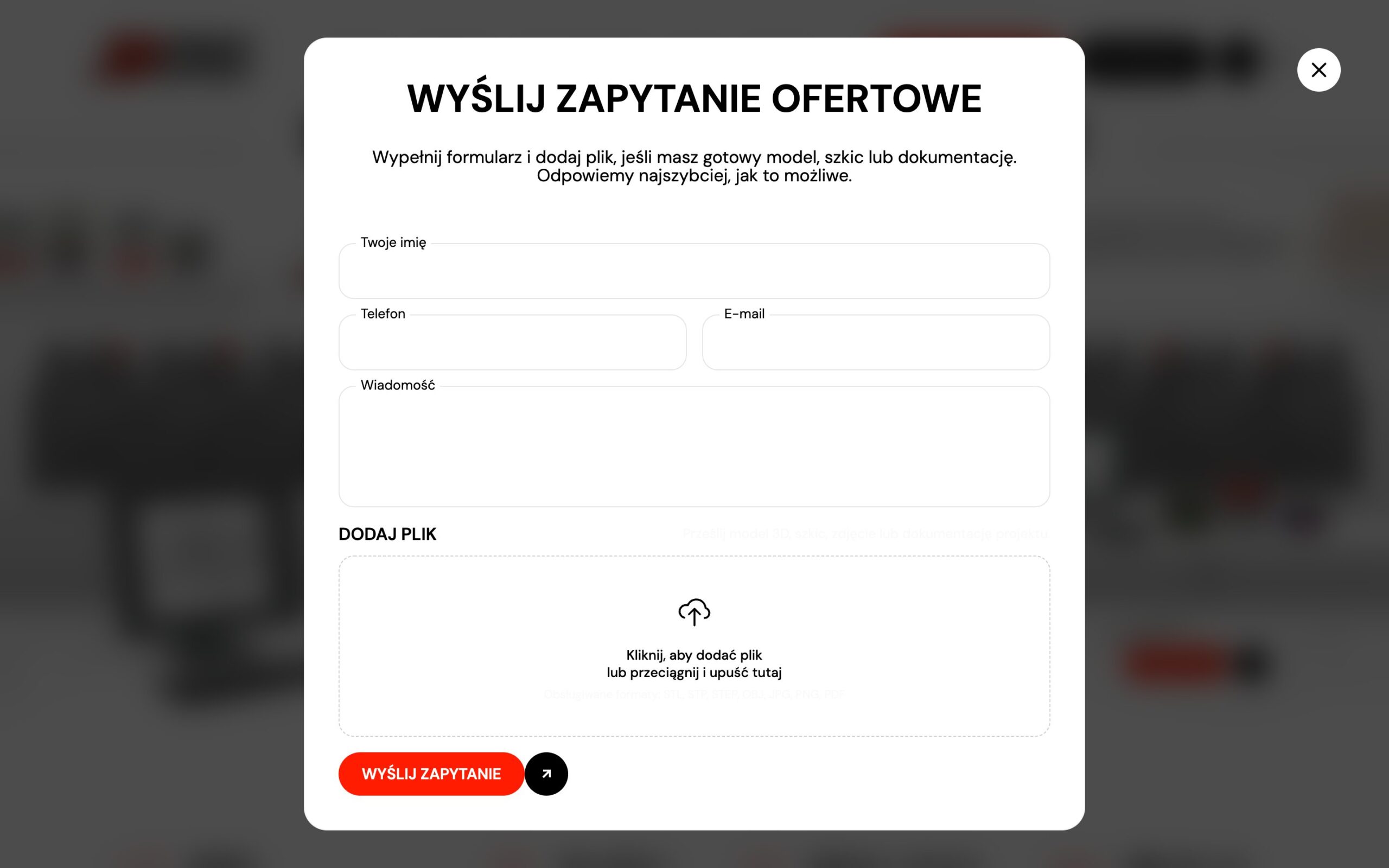 Wyślij zapytanie ofertowe modal with file upload