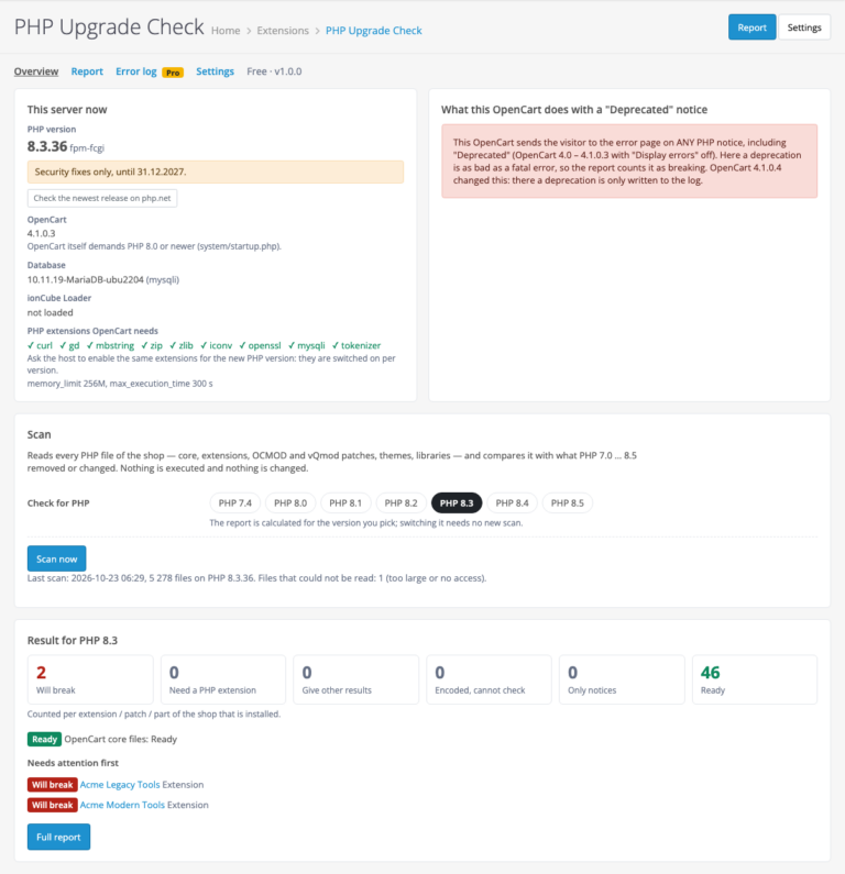PHP Upgrade Check overview in the OpenCart 4.1 admin: the server, the "Deprecated" behaviour, the scan and the result for PHP 8.3
