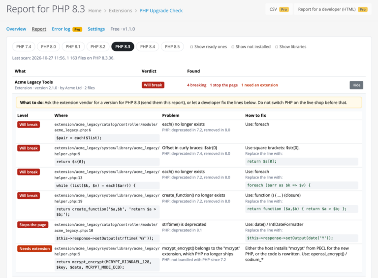 Звіт для PHP 8.3: висновок по розширенню і кожна знахідка з файлом, рядком, способом виправлення і готовим виправленим рядком