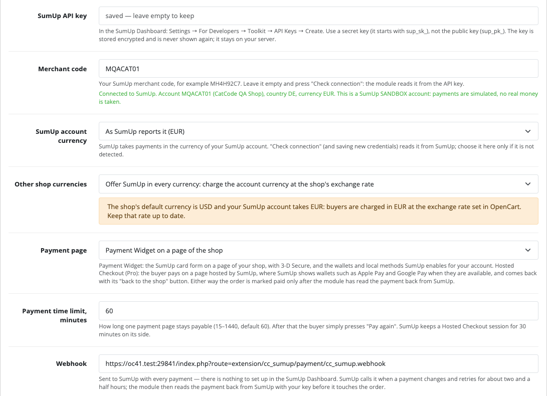 SumUp settings in OpenCart