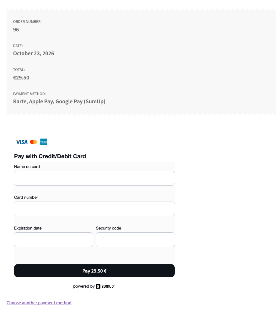 SumUp payment form on the order page