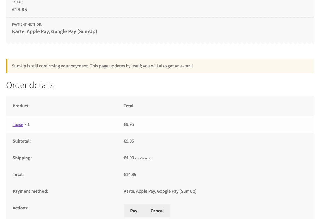 Order page while the payment is being confirmed