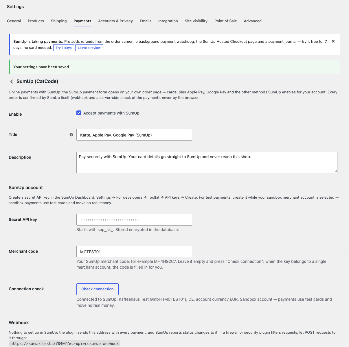 SumUp settings in WooCommerce
