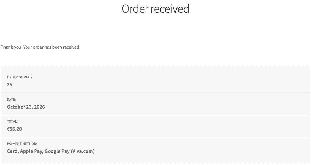 The Order received page after paying through Viva.com